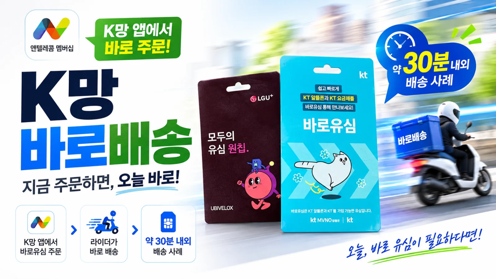 K망 앱에서 바로유심을 주문해 라이더로 빠르게 받는 안내